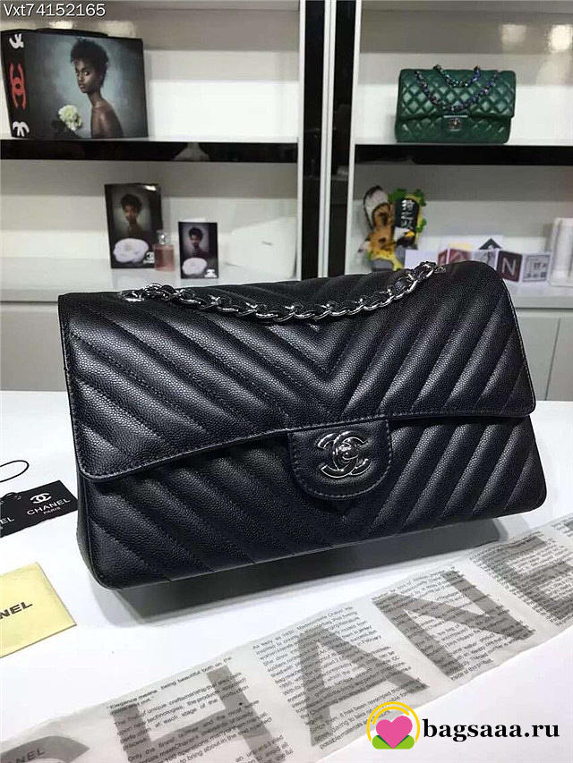 Chanel Flap Black Chevron Caiar 25CM With Silver Hardware - 1