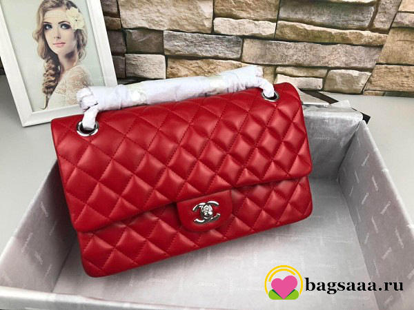 Chanel Flap Bag Lambskin Red With Silver Hardware - 1
