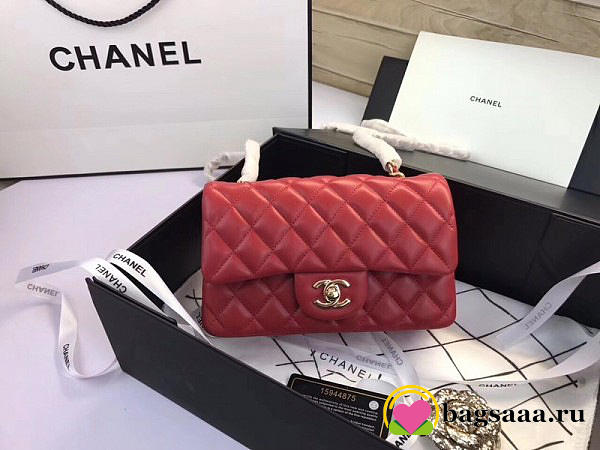 Chanel Flap Bag Lambskin Red with Gold Hardware 20CM - 1