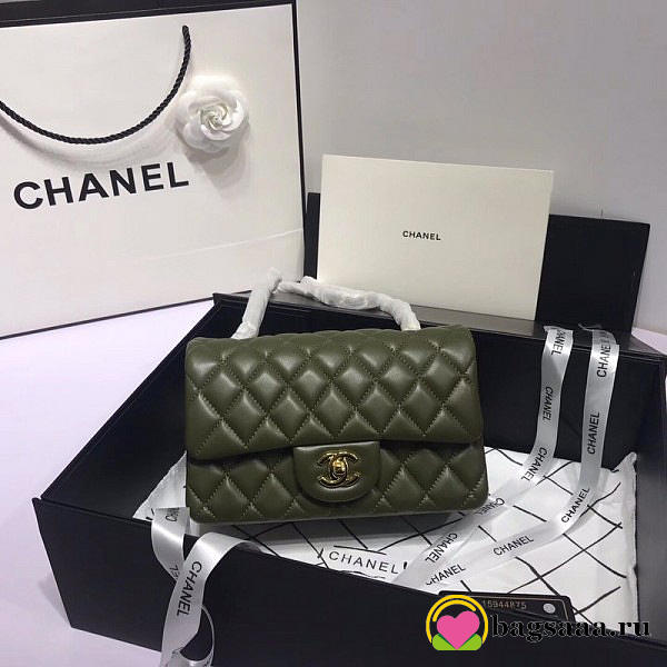 Chanel Flap Bag Lambskin Dark Green with Gold Hardware 20CM - 1