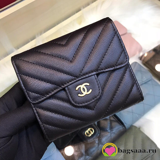 Chanel Calfskin Leather Plain Folding Black Wallets - 1