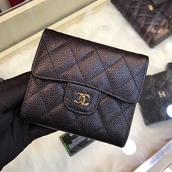Chanel Calfskin Leather Plain Folding Black Wallets with Gold Hardware