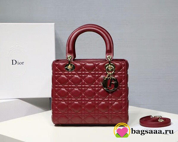 Dior Lady Wine Red Handbag With Gold Hardware 24CM - 1
