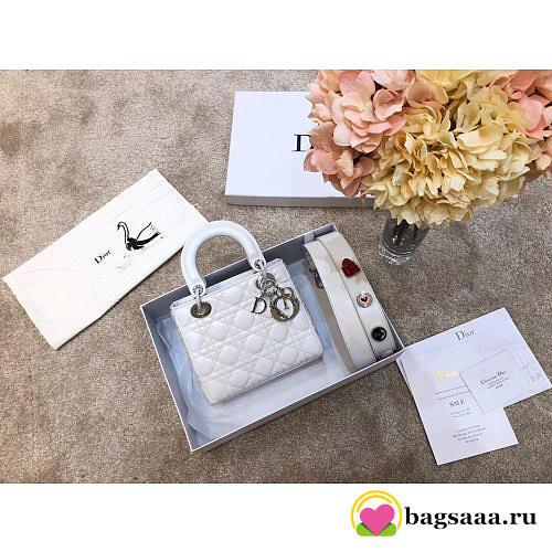 Dior Lady Lambskin White Handbag with Silver Hardware 20CM - 1