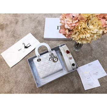 Dior Lady Lambskin White Handbag with Silver Hardware 20CM
