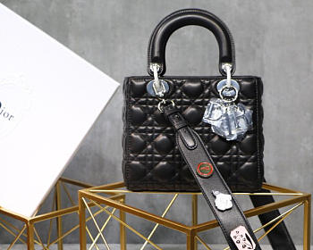 Dior Lady Lambskin Black Handbag with Silver Hardware 20CM