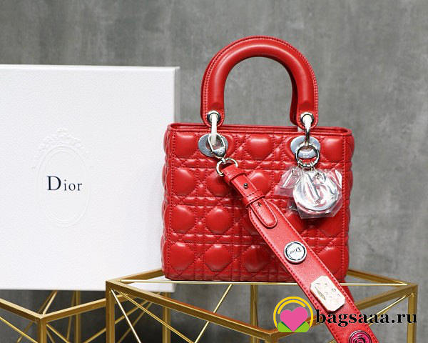Dior Lady Lambskin Red Handbag with Silver Hardware 20CM - 1