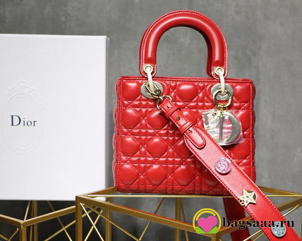 Dior Lady Lambskin Red Handbag with Gold Hardware 20CM - 1