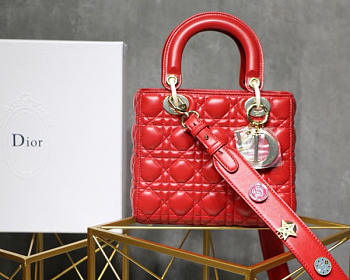 Dior Lady Lambskin Red Handbag with Gold Hardware 20CM