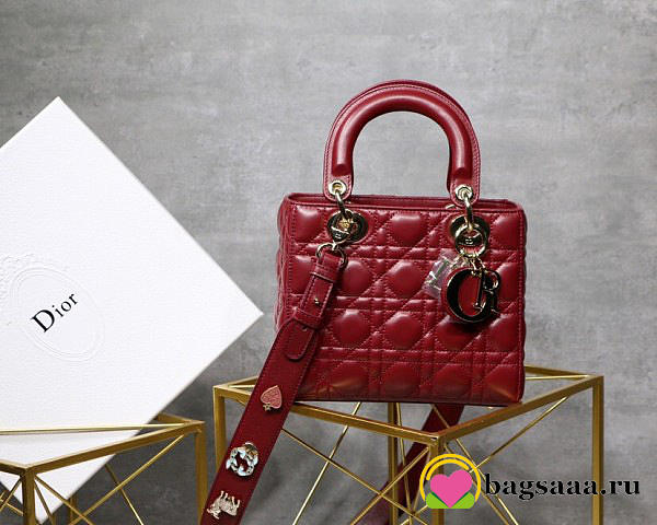 Dior Lady Lambskin Wine Red Handbag with Gold Hardware 20CM - 1