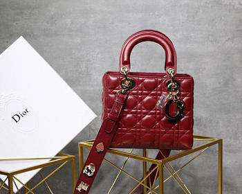 Dior Lady Lambskin Wine Red Handbag with Gold Hardware 20CM