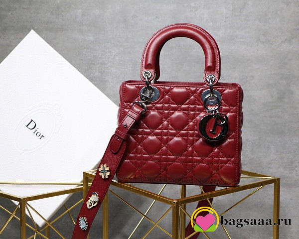 Dior Lady Lambskin Wine Red Handbag with Silver Hardware 20CM - 1
