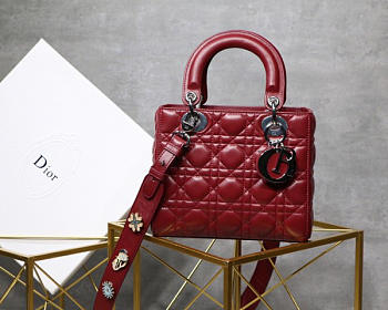 Dior Lady Lambskin Wine Red Handbag with Silver Hardware 20CM