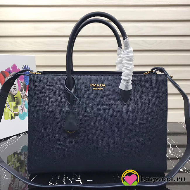 Prada Women's Inverted Pleat Saffiano Leather Satchel in Dark Blue 1BA153 - 1