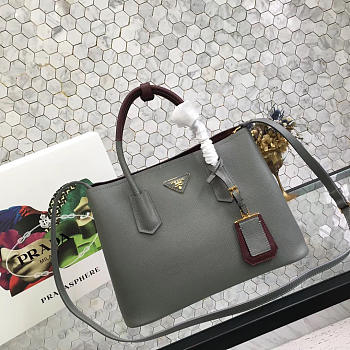 Prada Saffiano Cuir Small Double Leather Bag in Gray with red