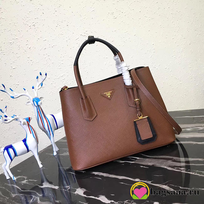 Prada Saffiano Cuir Small Double Leather Bag in Brown - 1