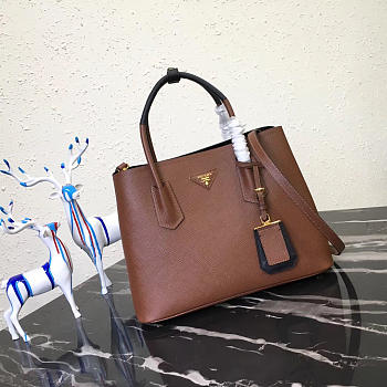 Prada Saffiano Cuir Small Double Leather Bag in Brown