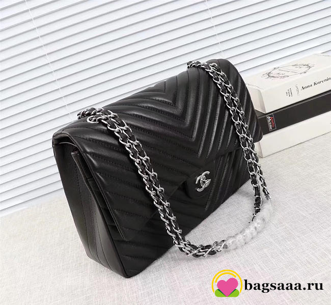 Chanel original lambskin double flap bag black 30cm with Silver hardware - 1