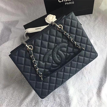 Chanel original caviar calfskin shopping tote Navy blue bag with silver hardware