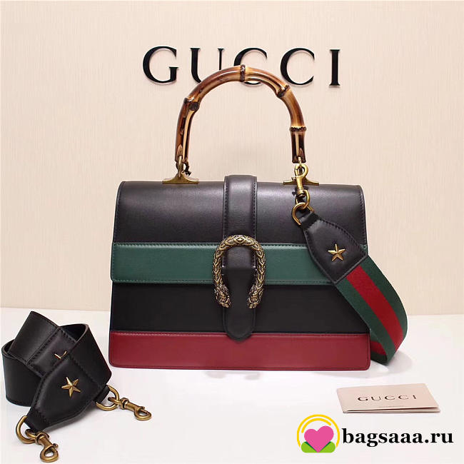 Gucci Women's Dionysus Leather Top Handle Bag 421999 Black Red - 1
