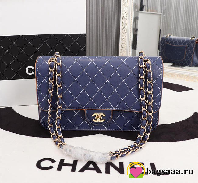 Chanel Flap Shoulder Bag Calfskin Leather Blue 8925 - 1