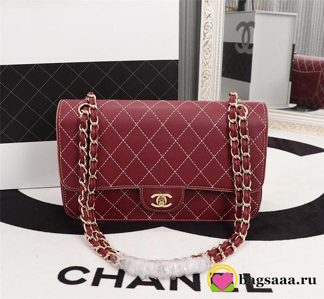 Chanel Flap Shoulder Bag Calfskin Leather Wine Red 8925 - 1