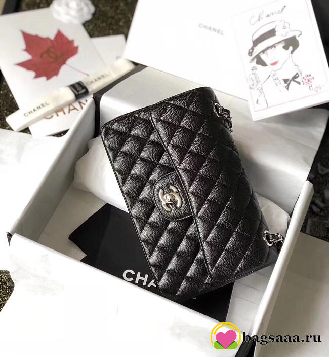Chanel Double Flap Bag Caviar Black with Silver Hardware 23cm Bagsaa - 1