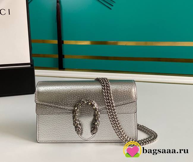 Bagsaaa Gucci Dionysus super mini bag Silver lamé leather - 16.5x10x4cm - 1