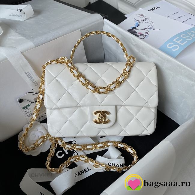 	 Bagsaaa Chanel Flap Bag Lambskin Leather Gold Handle In White - 13X21X8cm - 1