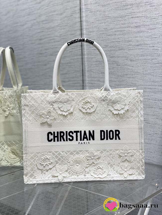 	 Bagsaaa Dior Medium Book Tote White Multicolor D-Lace Embroidery with 3D Macramé Effect (36 x 27.5 x 16.5 cm) - 1