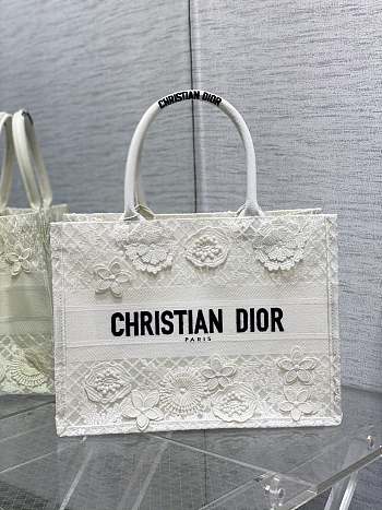 	 Bagsaaa Dior Medium Book Tote White Multicolor D-Lace Embroidery with 3D Macramé Effect (36 x 27.5 x 16.5 cm)