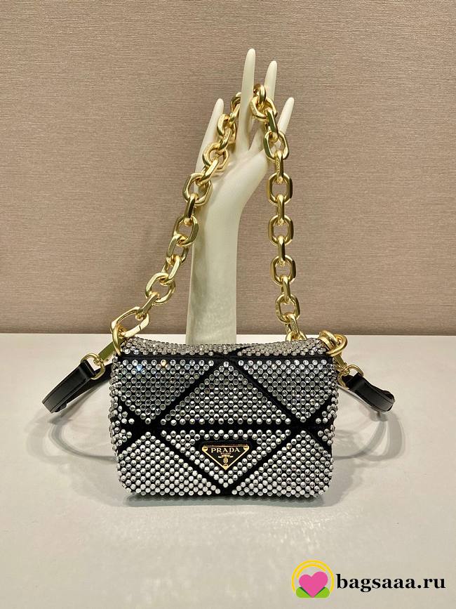 Bagsaaa Prada Mini Crystal-embellished Triangle Logo Black Shoulder Bag - 17*11.5*6.5cm - 1