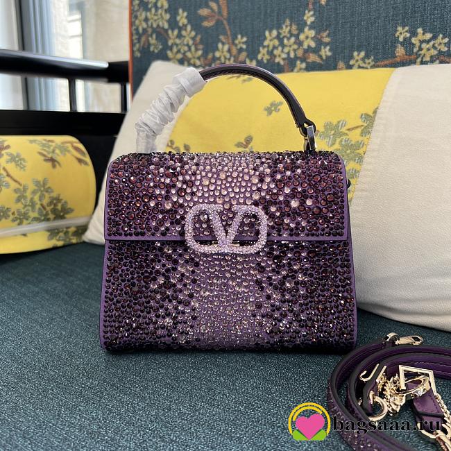 Bagsaaa Valentino Garavani Middle East Crystal VSling Top Handle Purple Bag - 19x13x9cm - 1
