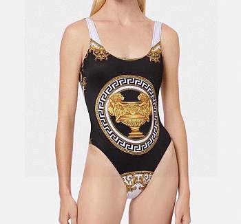 Bagsaaa Versace One Piece Swimsuit With Greek Key Print In Black