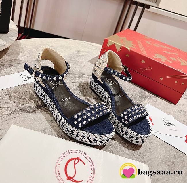 Bagsaaa Christian Louboutin Madmonica Flat Wedge Sandals Blue Denim - 1