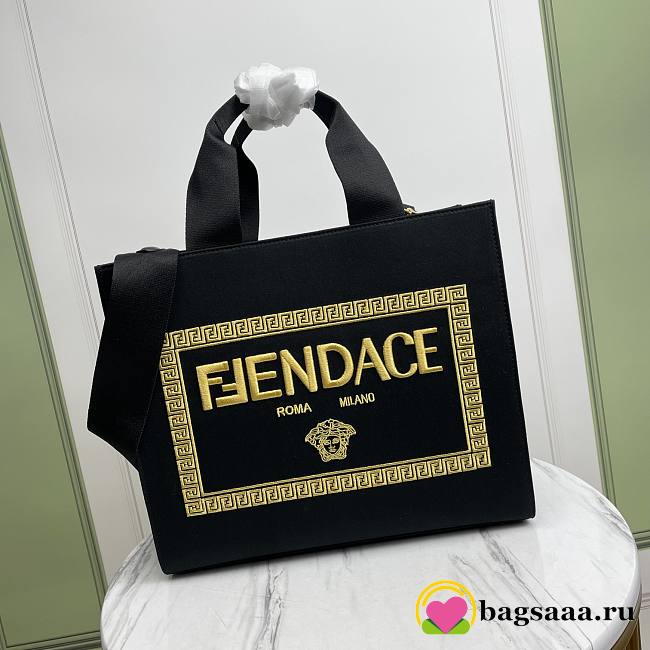 Bagsaaa Fendi Fendace Embroidered Canvas Logo Medium Black Bag - 1