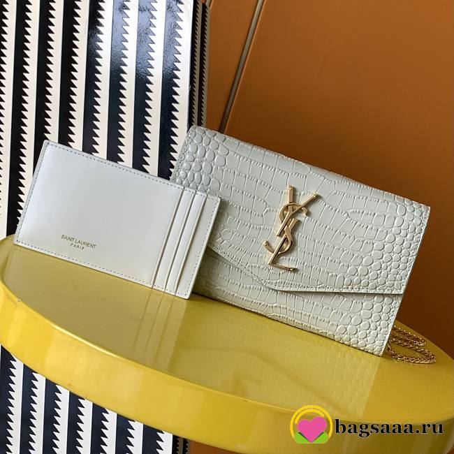 Bagsaaa YSL Uptown Chain Wallet In Crocodile Embossed Shiny Leather White - 19 X 12 X 3 CM - 1