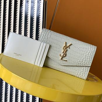 Bagsaaa YSL Uptown Chain Wallet In Crocodile Embossed Shiny Leather White - 19 X 12 X 3 CM