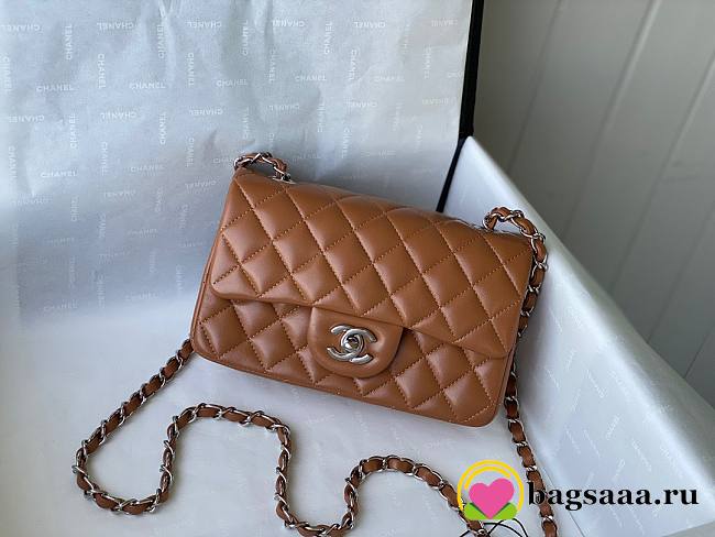 	 Bagsaaa Chanel Flap Bag Brown Lambskin Leather Silver Hardware - 20cm - 1