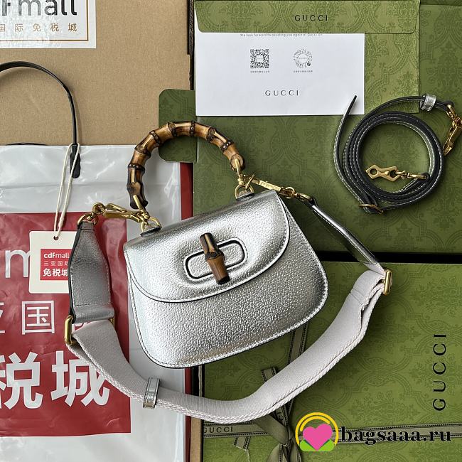 	 Bagsaaa Bamboo 1947 Mini Top Handle Silver Leather Bag - 17x12.5x8cm - 1