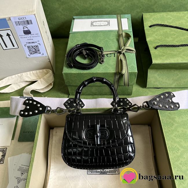 	 Bagsaaa Bamboo 1947 Mini Top Handle Black Crocodile Leather Bag - 17x12.5x8cm - 1