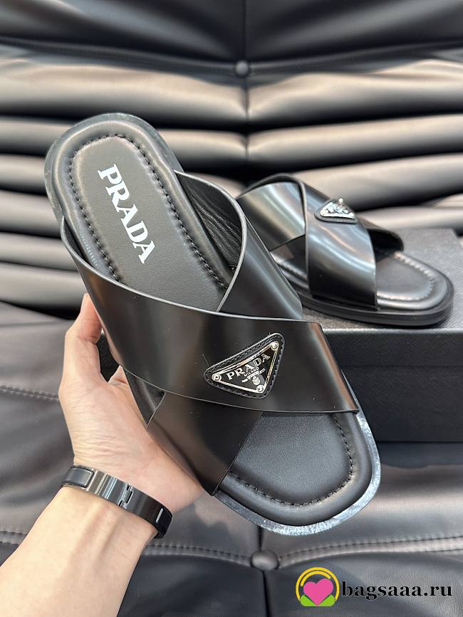 	 Bagsaaa Prada Black Smooth Leather Logo Slides - 1