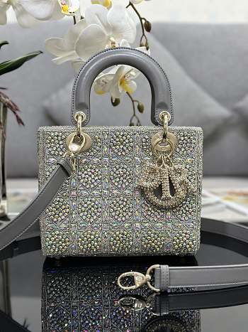 Bagsaaa Dior Lady Small Gray Smooth Calfskin and Satin with Bead Embroidery - 20 x 17 x 8 cm