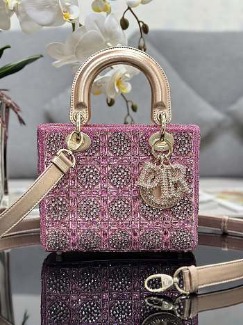 Bagsaaa Dior Lady Small Metallic Calfskin and Satin with Rose Des Vents Resin Pearl Embroidery - 20 x 17 x 8 cm