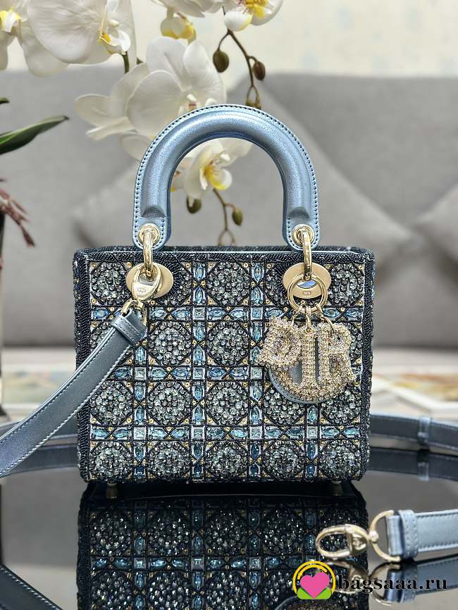 Bagsaaa Dior Lady Small Metallic Calfskin and Satin with Celestial Blue Bead Embroidery - 20 x 17 x 8 cm - 1