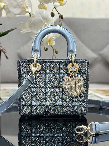 Bagsaaa Dior Lady Small Metallic Calfskin and Satin with Celestial Blue Bead Embroidery - 20 x 17 x 8 cm