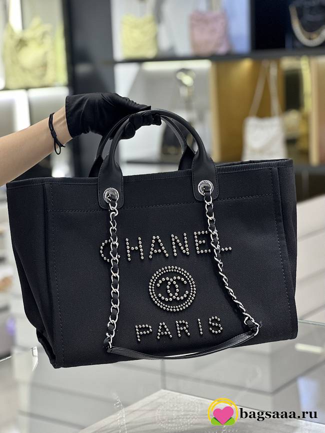 	 Bagsaaa Chanel Natural Canvas and Black Leather Large Pearl Deauville Tote - 30*39*22cm - 1
