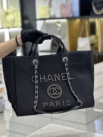 	 Bagsaaa Chanel Natural Canvas and Black Leather Large Pearl Deauville Tote - 30*39*22cm