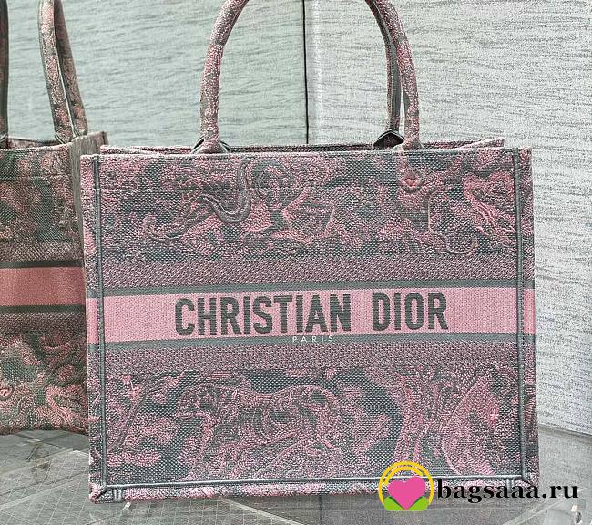 	 Bagsaaa Dior Book Tote Medium Gray and Pink Toile de Jouy Reverse Beverly Hills Embroidery - 36 x 27.5 x 16.5 cm - 1