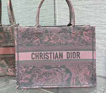 	 Bagsaaa Dior Book Tote Medium Gray and Pink Toile de Jouy Reverse Beverly Hills Embroidery - 36 x 27.5 x 16.5 cm